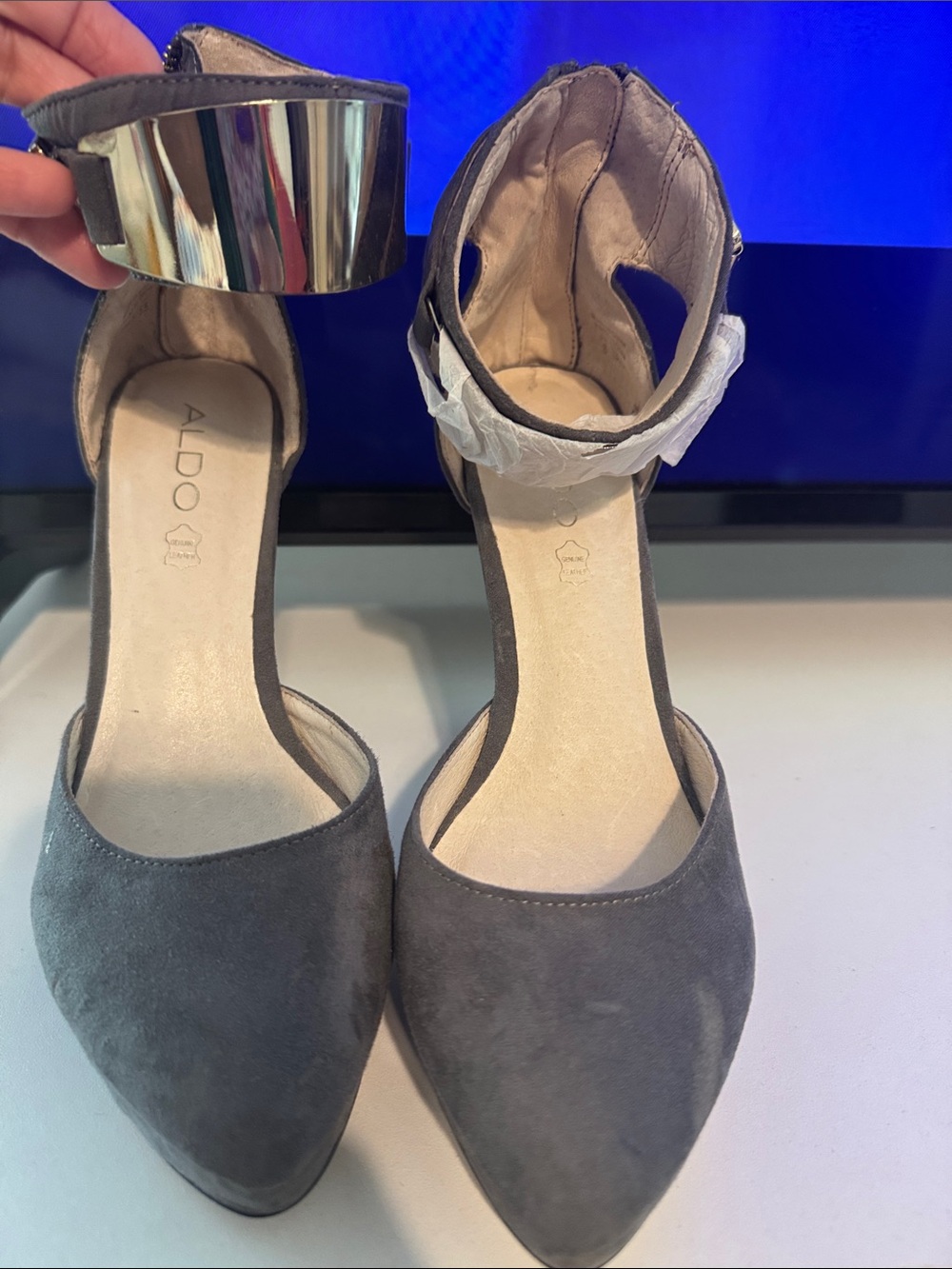 ALDO Gray Suede Pointed-Toe Ankle-Strap Heels with Metallic Accent